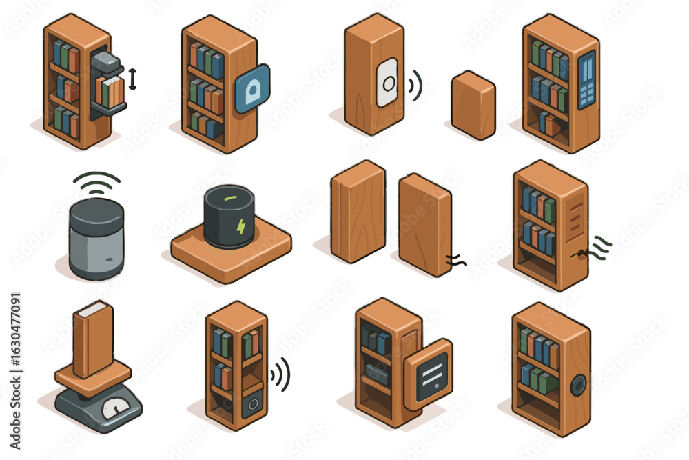 Poster smart bookshelf module wireless vector finish voice automated icons dust assistant shelf