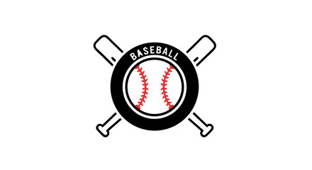 Dynamic Baseball Emblem: Crossed Bats and Ball, Sport Logo Design with Red Stitching and Bold Typography for Team Branding