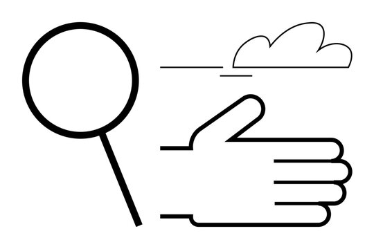 Minimalist hand silhouette beside a magnifying glass and cloud outline, representing exploration, observation, and insights. Ideal for search, discovery, learning, creativity, analysis vision