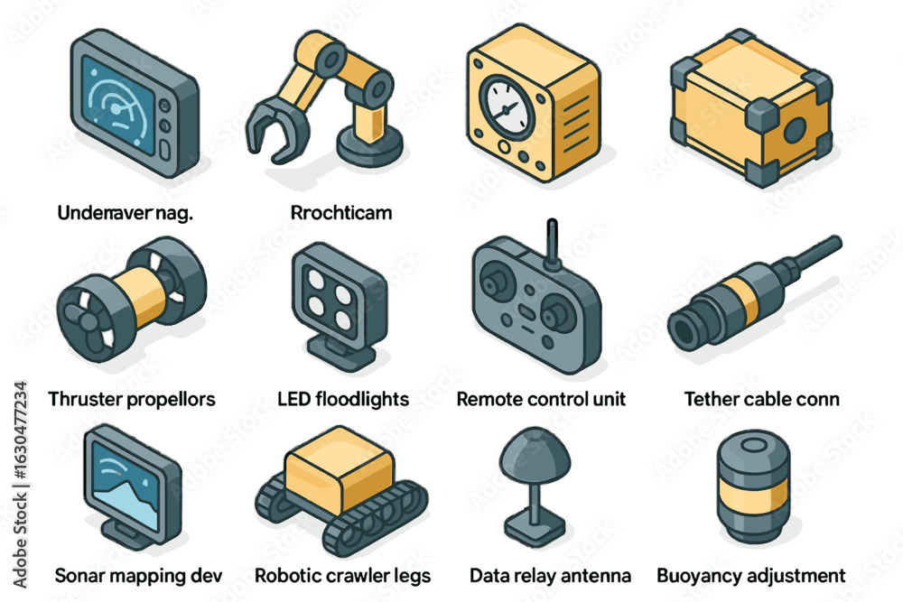 Poster icons icon robotic underwater tether crawler robot vector buoyancy floodlights sensor connector