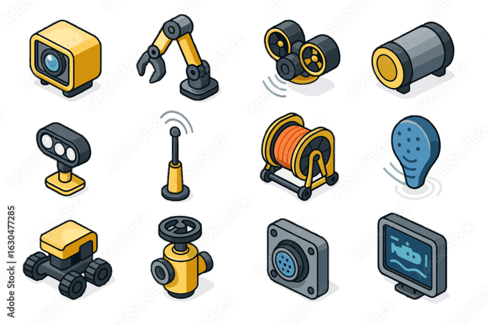 Poster vector sonar interface thruster underwater robot camera lights crawler icon remote claw