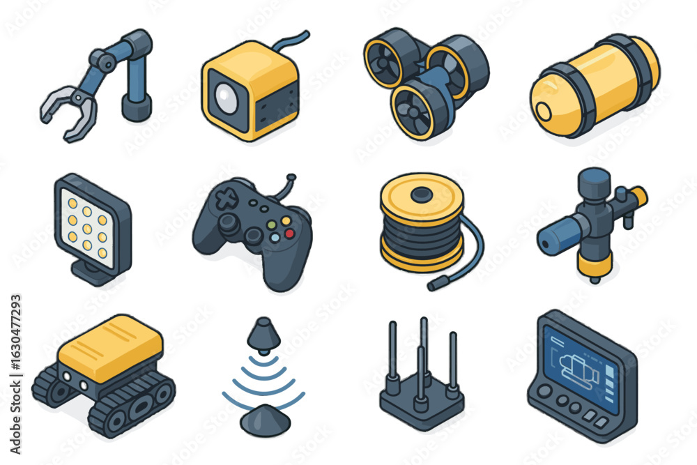 Poster remote joystick controller sensor buoyancy manipulator panel waterproof vector icon underwater robot