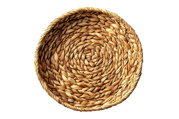 A round woven basket viewed from above on a transparent background showcasing its intricate texture and craftsmanship