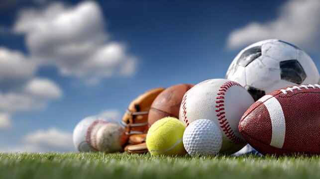 Various sports balls lined up on grass under a partly cloudy sky during daytime