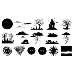 Halloween silhouette vector spooky night scene with haunted house graveyard pumpkins trees and moon elements design