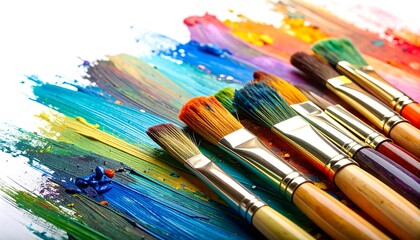 Obraz premium Colorful paint strokes and paintbrushes arranged on a white background