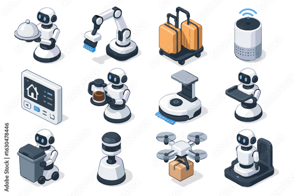 Poster robot charging butler item serving icon collection dispenser floor navigation vector sweeping