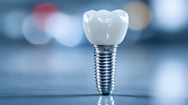 Dental implant on a reflective surface with a blurred background during a clinical setting - Powered by Adobe