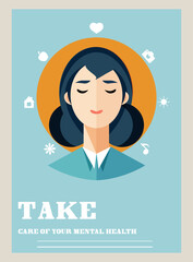 Modern flat vector illustration of a woman with closed eyes in a state of calm and inner harmony. Around the head are icons related to health, nature, home, love, music and rest. 