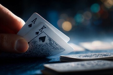One hand reveals the ace and king of spades in a card game at night