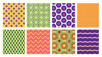 Vibrant Wavy and Dotted Geometric Pattern Set – Seamless Retro Backgrounds with Colorful Circles, Waves, and Abstract Shapes for Digital Design, Fabric, Wrapping Paper, and Graphic Projects