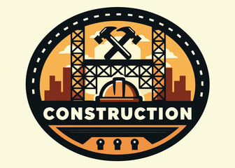 Construction Logo Badge Design – Industrial Emblem with Crossed Hammers, Safety Helmet, Cranes, and Urban Skyline Elements for Contractor Branding, Engineering Firms, and Building Company Logos