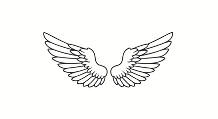 Elegant outstretched avian wings, sketched with intricate detail against a serene, pure white background, creating a minimalist yet ethereal