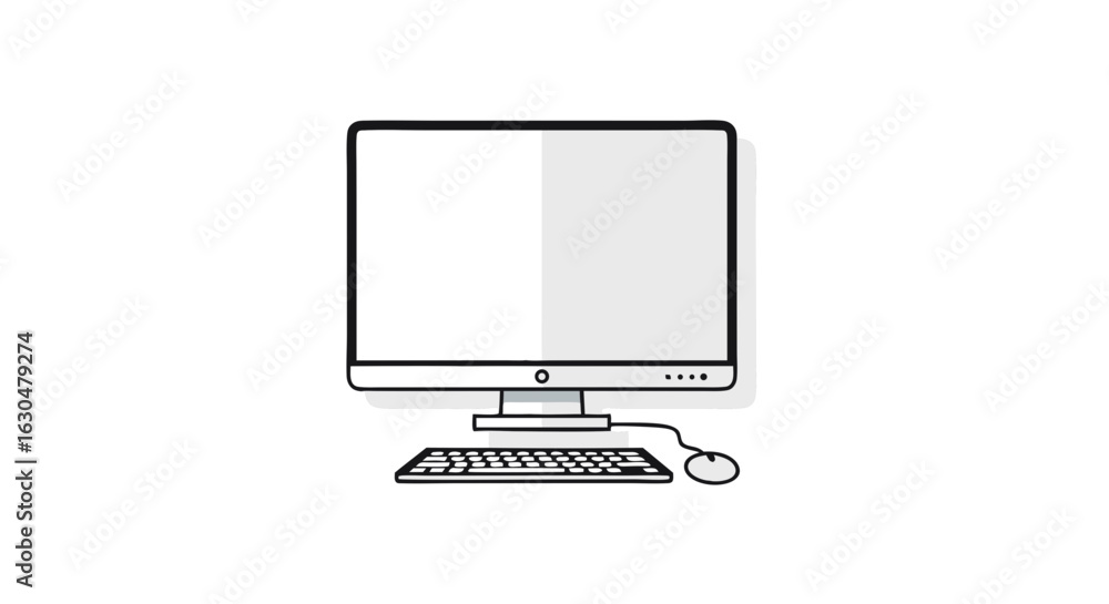 Poster stylized desktop computer illustration presenting a minimalist aesthetic design approach, suitable f