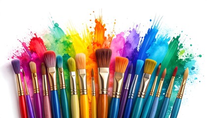 Colorful paintbrushes arranged before a vibrant watercolor splatter