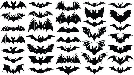 Obraz premium Scary Bat Silhouette Vector Collection | Gothic Flying Bat Icons in Multiple Wing Styles | Halloween Horror Design Elements for Stickers, Party Decor, Tattoos, Posters, Crafts, Haunted Themes