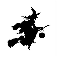 Spooky Witch on Broomstick with Pumpkin – Halloween Silhouette Design
