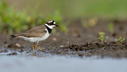 Small brown and white bird wades in muddy water, blurred green background