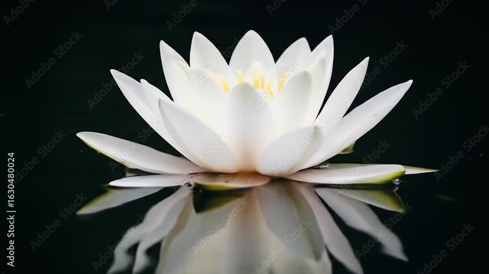Poster close up of a white water lily floating on calm dark water showing delicate petals and a soft reflec