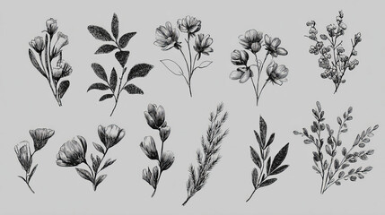 Hand drawn botanical floral elements in line art and silhouette style. Flowers, branches and leaves. Vector set for label, logo, corporate identity, wedding invitation, wreath, frame, border.