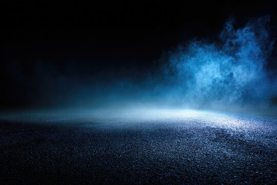 Dark, moody scene with blue atmospheric fog