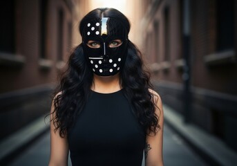 Mysterious Domino Mask Young Woman - A young woman with captivating eyes, wearing a shiny black domino mask, stands mysteriously in a dark alley.