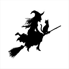 Spooky Witch on Broomstick with Black Cat – Halloween Silhouette Design