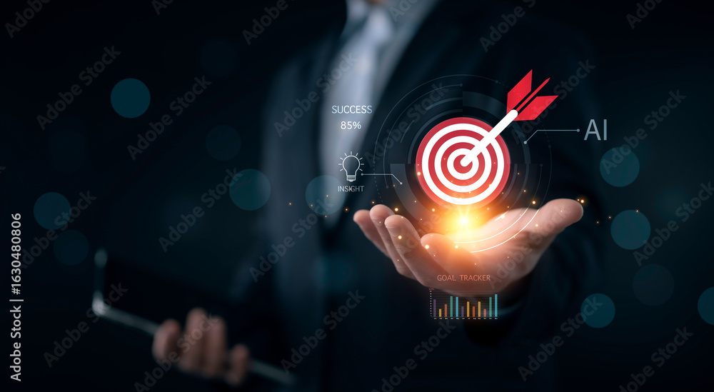 Poster businessman using ai technology and data analytics to track goals, optimize marketing performance an