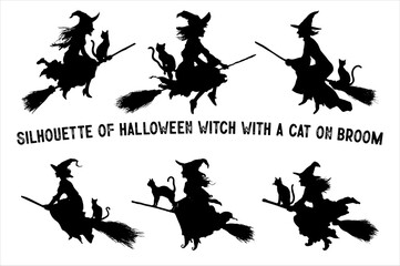 Spooky Witch on Broomstick with Black Cat – Halloween Silhouette Design