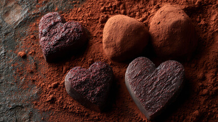 Top view capturing various chocolate truffles laid on a textured cacao powder background, featuring shapes such as hearts and unique designs, emphasizing a luxurious sweet dessert table.
