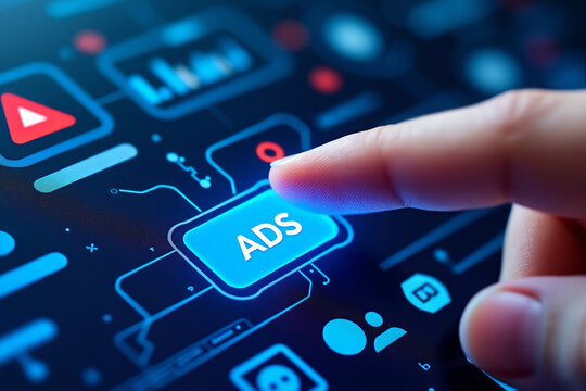 Finger presses digital advertising button on futuristic screen