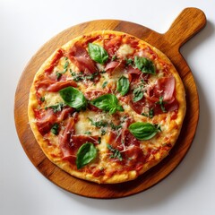 Delicious ham and basil pizza on wooden board isolated on white background