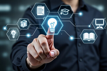 Person interacting with digital learning and innovation icons