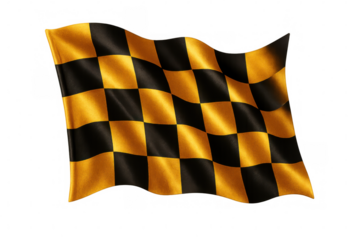 Racing flag waving diagonally, golden-black checkered pattern signaling motorsport triumph against transparent backdrop