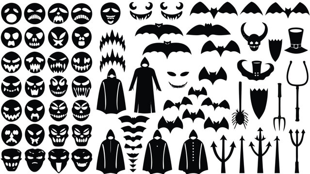 Scary Halloween Silhouette Icon Set &ndash; Horror Faces, Vampire Bats, Devils, Pitchforks, Gothic Weapons & Monster Elements for Spooky Design, Decorations, Crafts, Stickers, and Party Invitations
