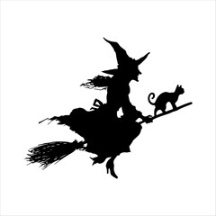 Spooky Witch on Broomstick with Black Cat – Halloween Silhouette Design