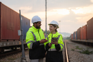 Foreman checking inventory or task details on freight train cars and shipping containers. Logistics...