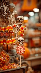 Spooky Halloween candy display with miniature skeletons, candy corn, and swirled lollipop creating a festive and eerie seasonal decoration in a blurred retail background