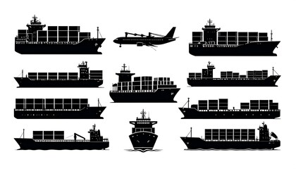 Obraz premium Silhouettes of transportation vessels cargo ships and airplane for global trade