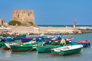 16th-century watchtower along the Adriatic coast in San Vito, Polignano a Mare, Bari, Puglia, Italy...