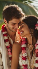 Intimate wedding portrait of a couple in traditional attire, sharing a tender moment with floral garlands and soft golden light creating a romantic atmosphere