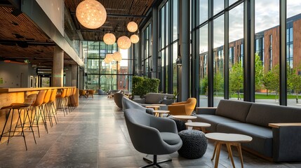 Modern office lobby lounge with outdoor view, seating, and bar
