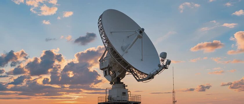 Tracking, Satellite Dish, Observatory Rooftop, Stock Photo, Outdoor, Low Angle, Communications Technology Concept