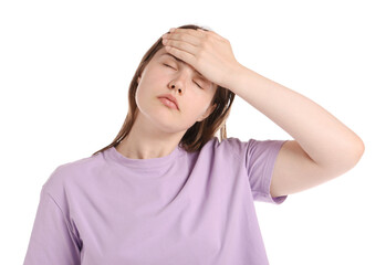 Young woman suffering from headache on white background