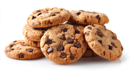 Chocolate chip cookie pattern on a white background. Lots of brown baked cookies, filled with chocolate. Table top view flat lay. Also usable for: data protection, cookie policy, web tracking