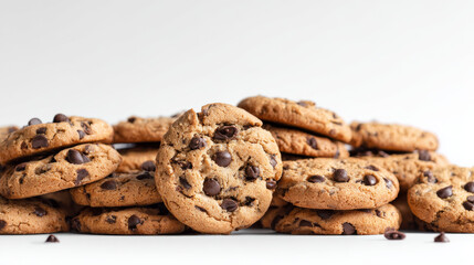 Chocolate chip cookie pattern on a white background. Lots of brown baked cookies, filled with chocolate. Table top view flat lay. Also usable for: data protection, cookie policy, web tracking
