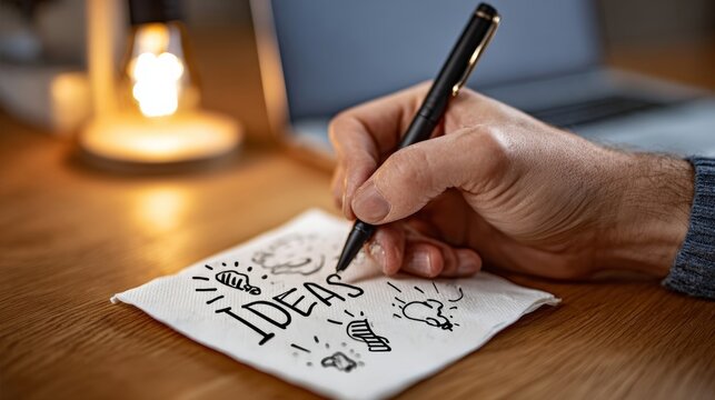 A man is writing the word "ideas" on a napkin. The napkin is on a wooden table, and the man is using a pen to write. The napkin is decorated with drawings of light bulbs