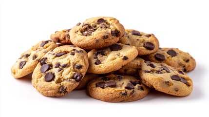 Chocolate chip cookie pattern on a white background. Lots of brown baked cookies, filled with chocolate. Table top view flat lay. Also usable for: data protection, cookie policy, web tracking