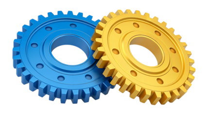 Dynamic blue and gold gears meshing together, symbolizing collaboration, progress, and industrial synergy for powerful business concepts.