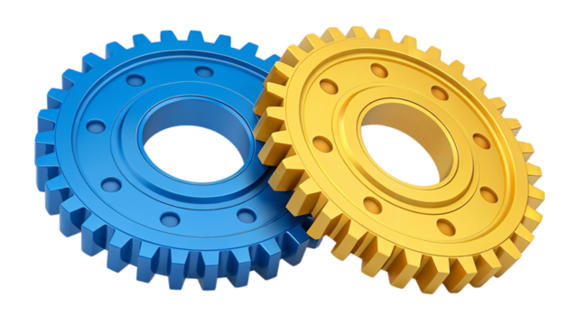 Dynamic blue and gold gears meshing together, symbolizing collaboration, progress, and industrial synergy for powerful business concepts.